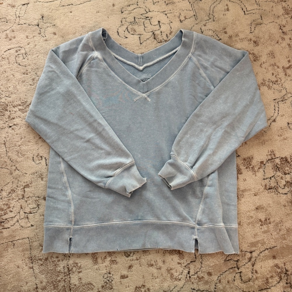 Aerie Women's Small Blue Gray V Neck Sweatshirt Distressed Washed Pullover